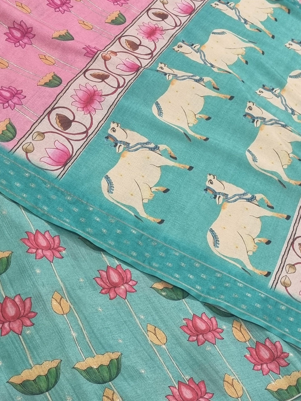 Close-up of Pichwai Print Banarasi Semi Tussar Fabric in Peacock Blue-Green | Tantuvanacrafts