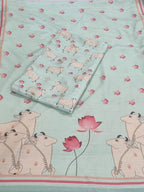 Pichwai Print Banarasi Semi Tussar 2-Piece Unstitched Suit | Powder Green | Indian Handloom