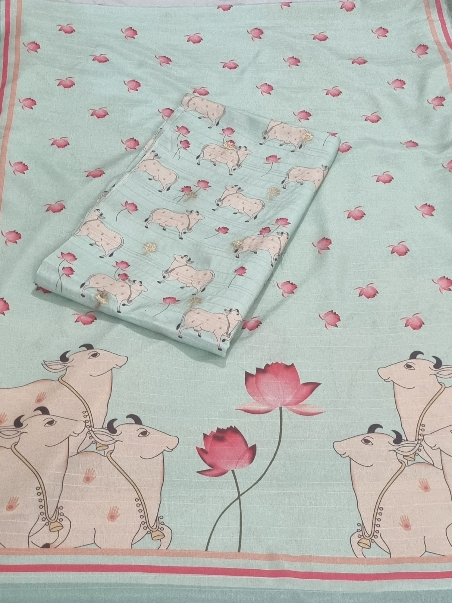 Pichwai Print Banarasi Semi Tussar 2-Piece Unstitched Suit | Powder Green | Indian Handloom