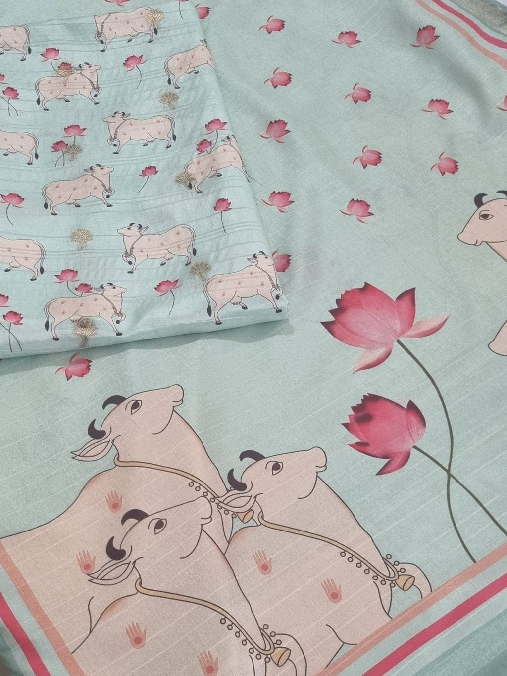 Pichwai Print Banarasi Semi Tussar 2-Piece Unstitched Suit | Powder Green | Indian Handloom