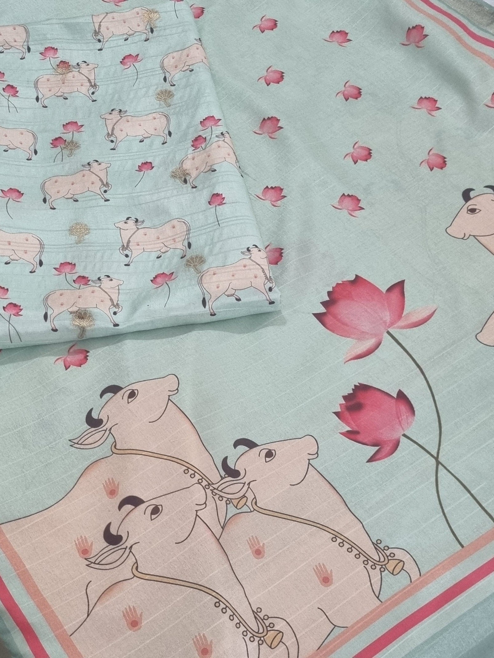 Pichwai Print Banarasi Semi Tussar 2-Piece Unstitched Suit | Powder Green | Indian Handloom