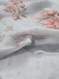 Close-up of grey Kota Doria unstitched suit fabric – Banarasi booti weave and digital print dupatta