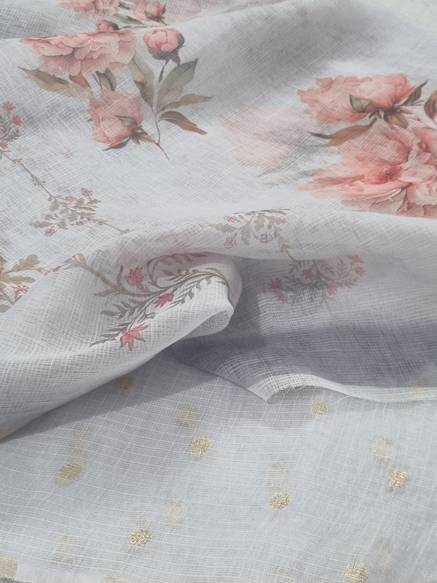 Close-up of grey Kota Doria unstitched suit fabric – Banarasi booti weave and digital print dupatta