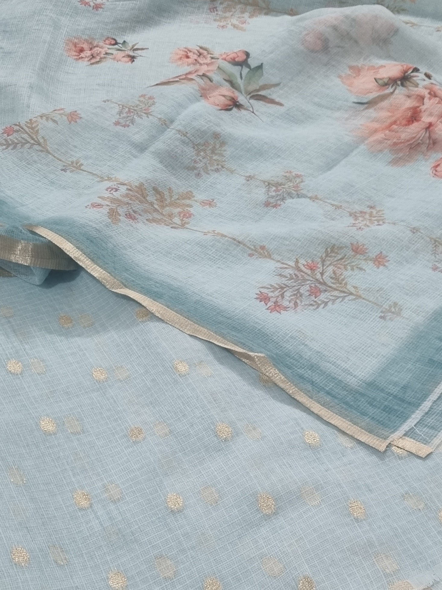 Close-up of green Kota Doria unstitched suit fabric – Banarasi booti weave and digital print dupatta