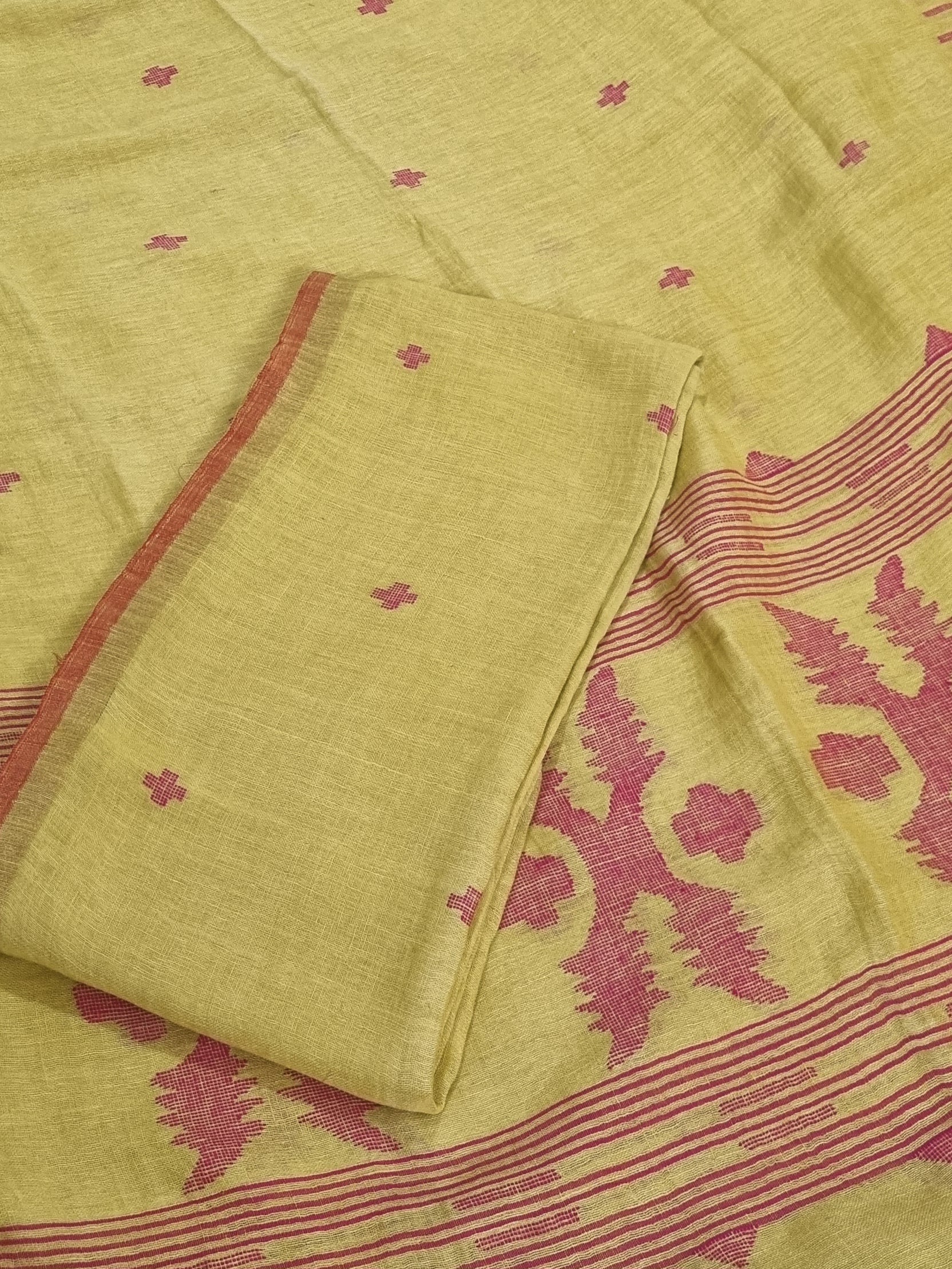 60 Lea linen unstitched suit material in lime yellow and red – close-up of all-over woven motifs, pure Indian handloom