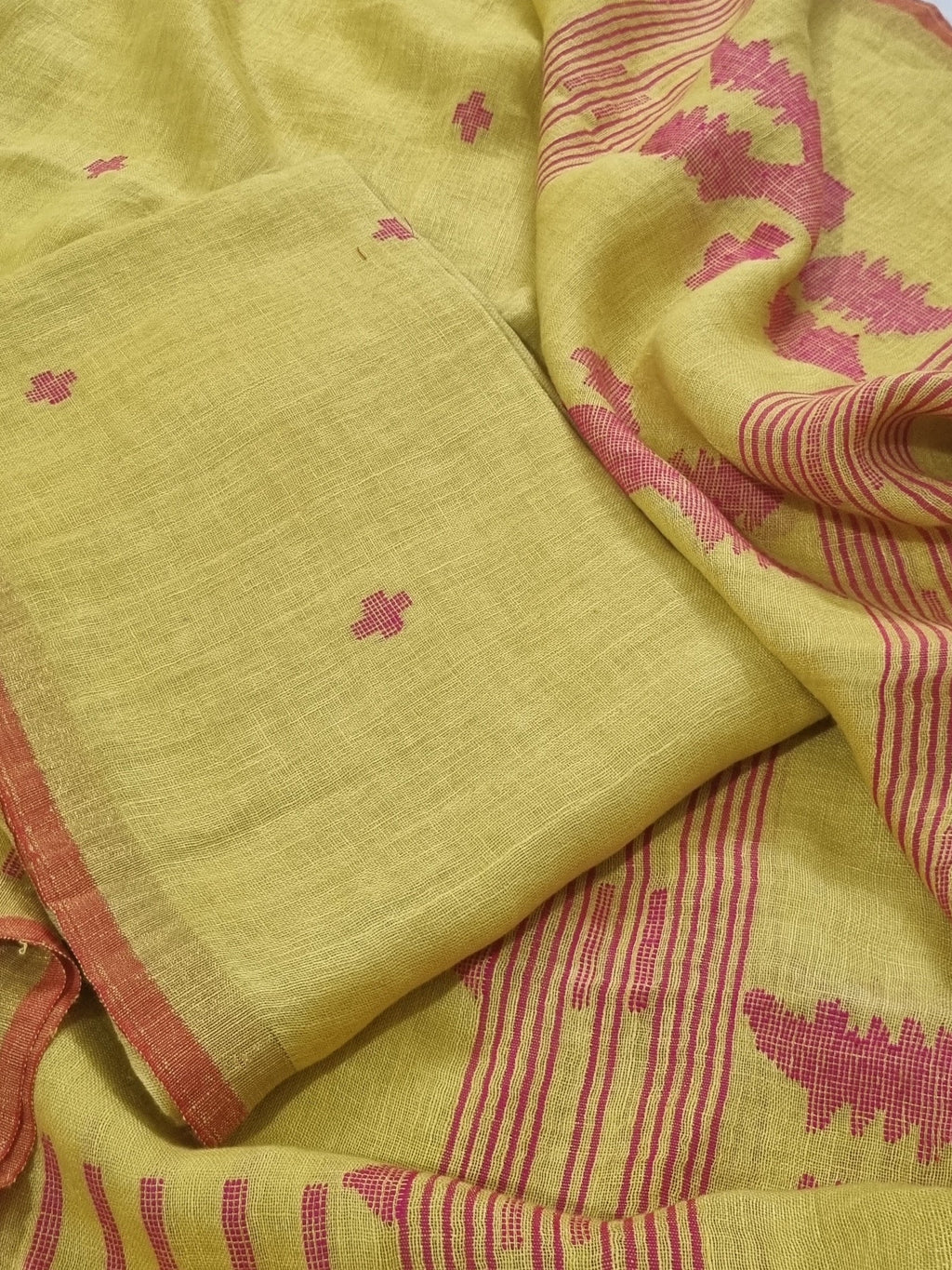 Handwoven linen 2-piece suit fabric in lime yellow and red – all-over woven pattern, unstitched Indian handloom set