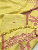 Lime yellow and red 60 Lea linen Kurta Dupatta fabric – all-over woven motifs, handloom unstitched suit material