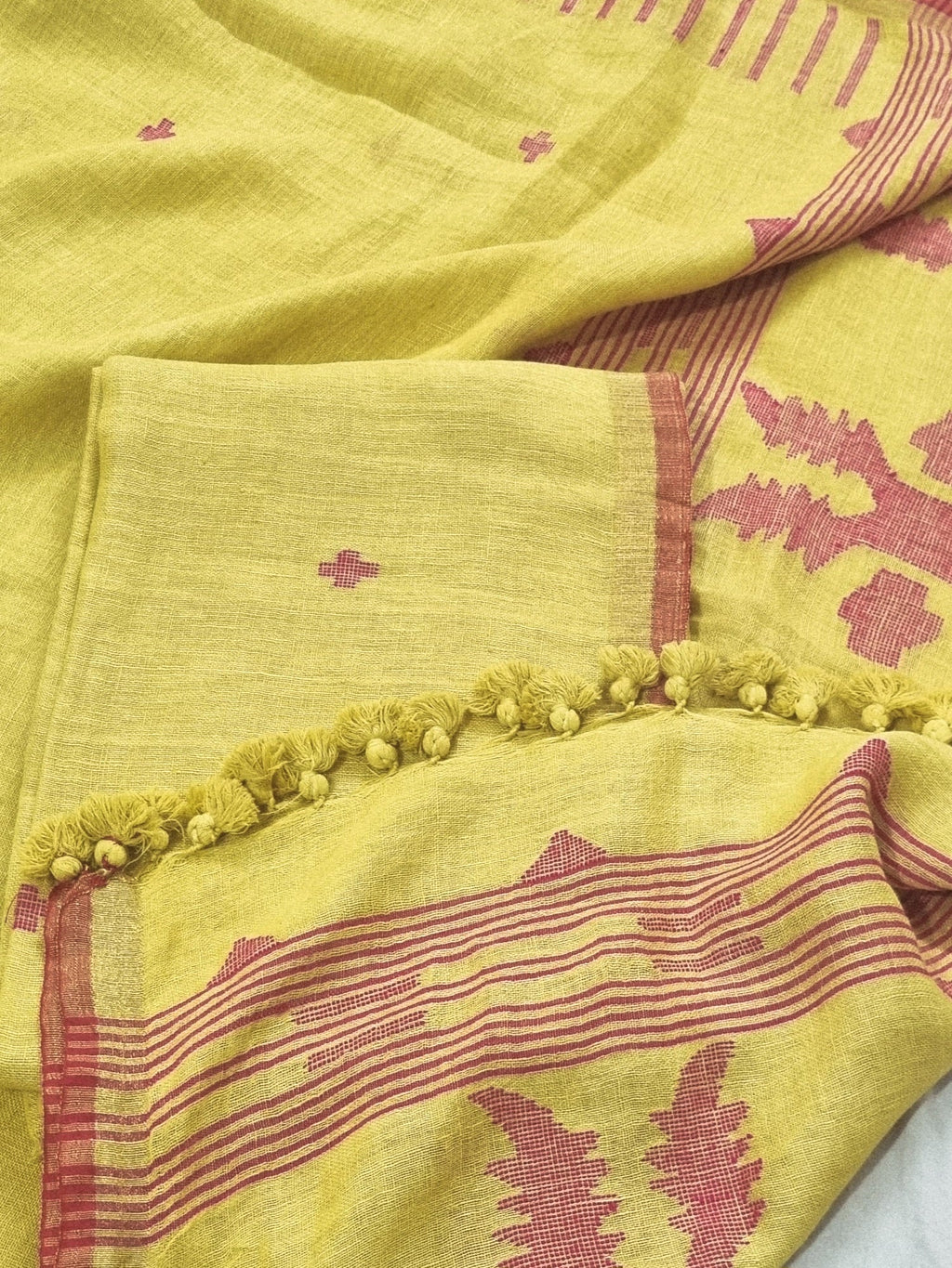 Lime yellow and red 60 Lea linen Kurta Dupatta fabric – all-over woven motifs, handloom unstitched suit material