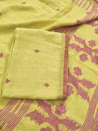 Lime yellow and red handloom linen suit fabric with traditional all-over woven motifs – Kurta Dupatta set, unstitched