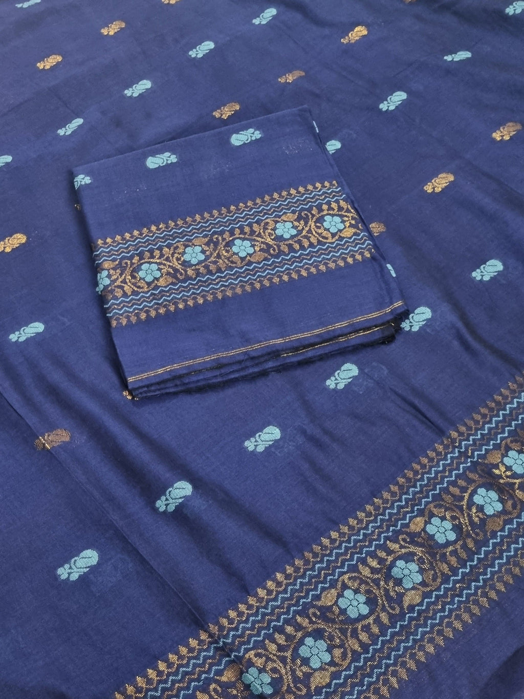 Handwoven Bengal Cotton Muslin Suit Fabric | Midnight Blue & Bronze Floral Bootis | 2-Pc Unstitched Set | Indian Handloom
