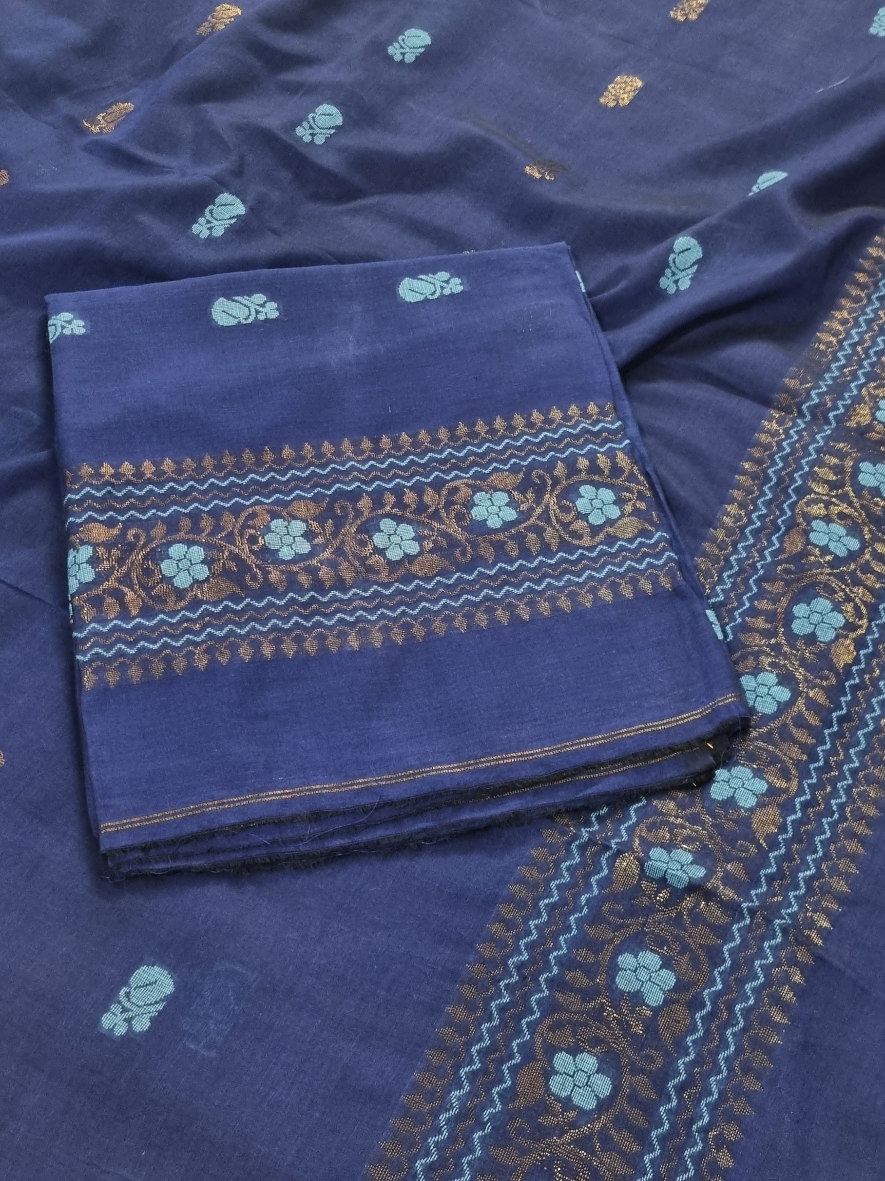 Handwoven Bengal Cotton Muslin Suit Fabric | Midnight Blue & Bronze Floral Bootis | 2-Pc Unstitched Set | Indian Handloom