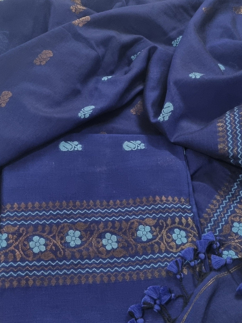 Handwoven Bengal Cotton Muslin Suit Fabric | Midnight Blue & Bronze Floral Bootis | 2-Pc Unstitched Set | Indian Handloom