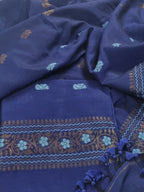 Handwoven Bengal Cotton Muslin Suit Fabric | Midnight Blue & Bronze Floral Bootis | 2-Pc Unstitched Set | Indian Handloom