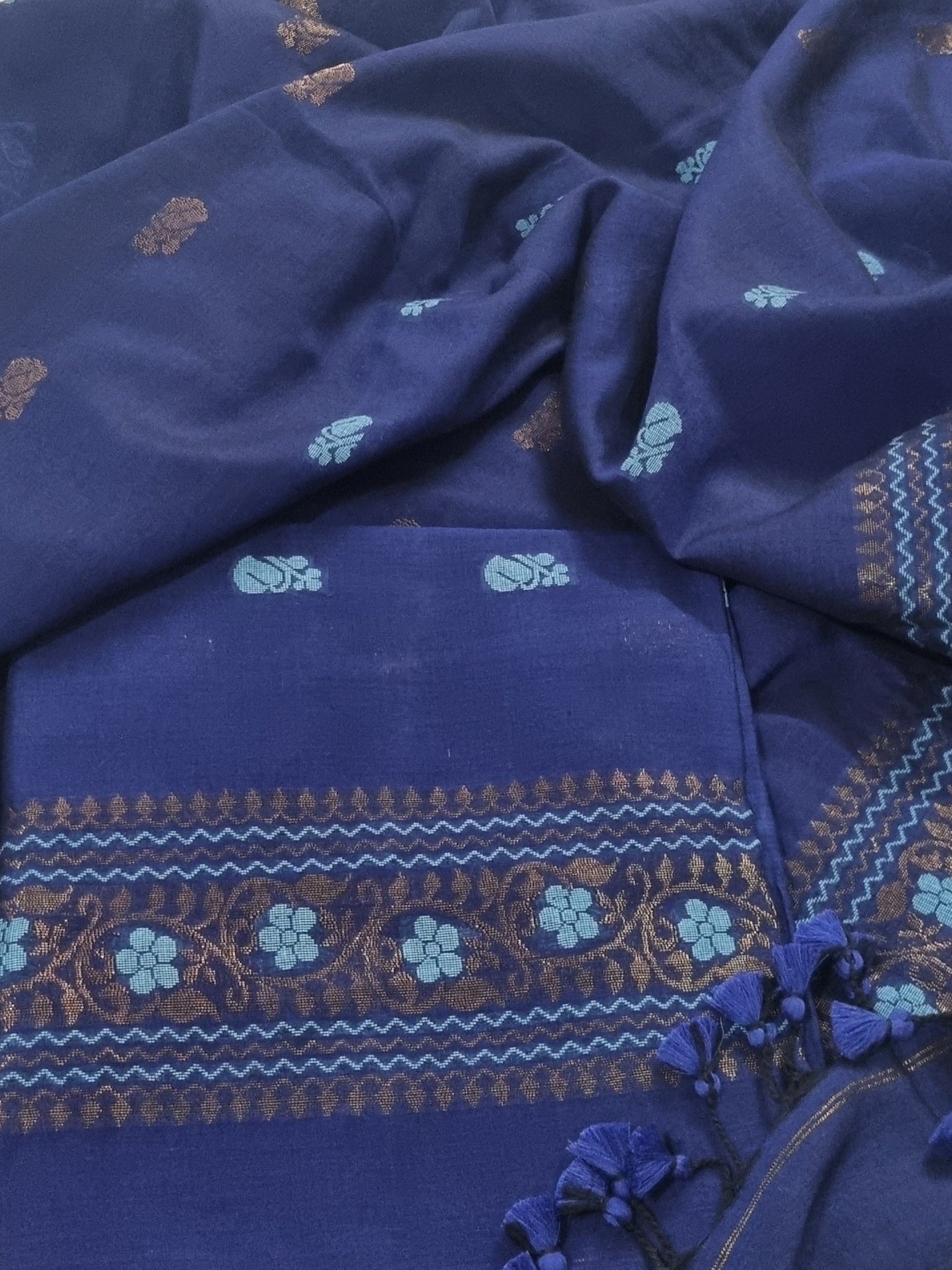 Handwoven Bengal Cotton Muslin Suit Fabric | Midnight Blue & Bronze Floral Bootis | 2-Pc Unstitched Set | Indian Handloom