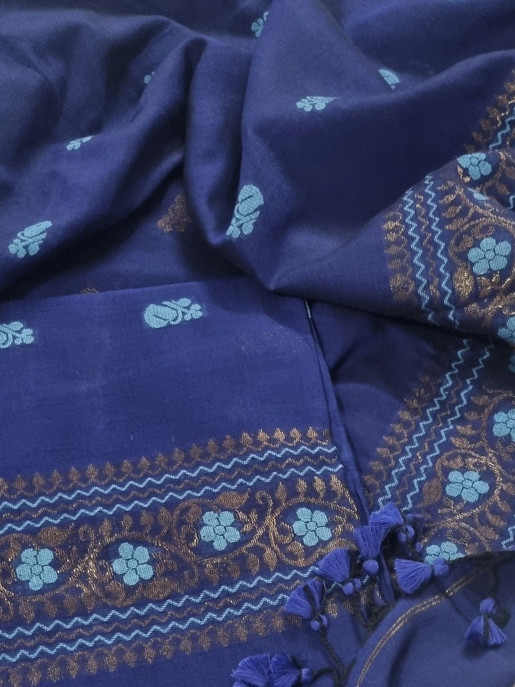 Handwoven Bengal Cotton Muslin Suit Fabric | Midnight Blue & Bronze Floral Bootis | 2-Pc Unstitched Set | Indian Handloom