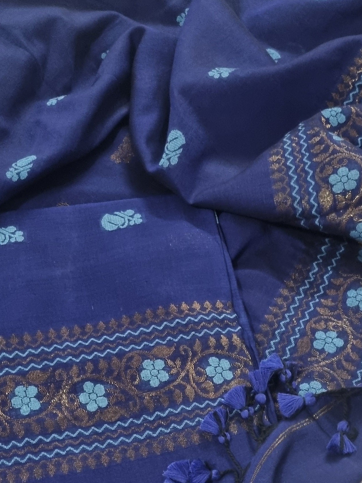 Handwoven Bengal Cotton Muslin Suit Fabric | Midnight Blue & Bronze Floral Bootis | 2-Pc Unstitched Set | Indian Handloom