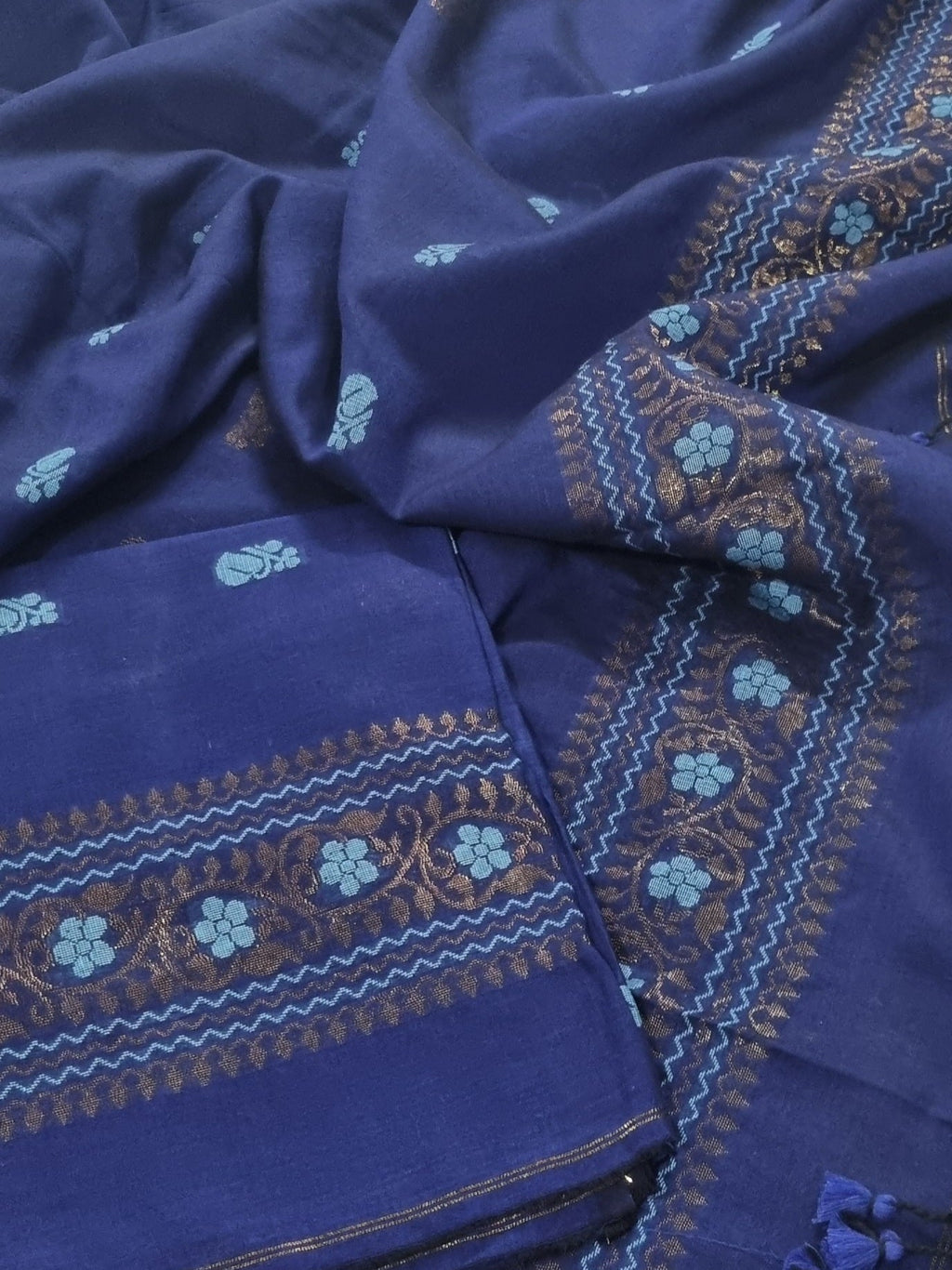 Handwoven Bengal Cotton Muslin Suit Fabric | Midnight Blue & Bronze Floral Bootis | 2-Pc Unstitched Set | Indian Handloom