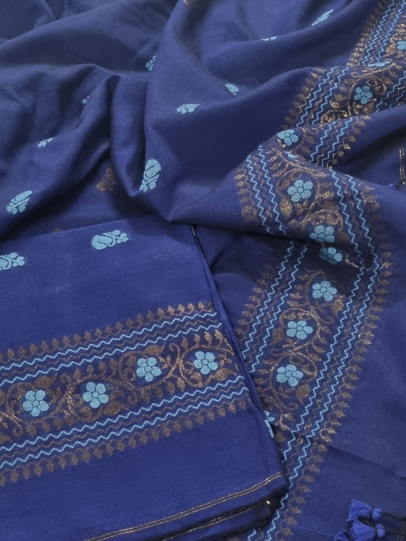 Handwoven Bengal Cotton Muslin Suit Fabric | Midnight Blue & Bronze Floral Bootis | 2-Pc Unstitched Set | Indian Handloom