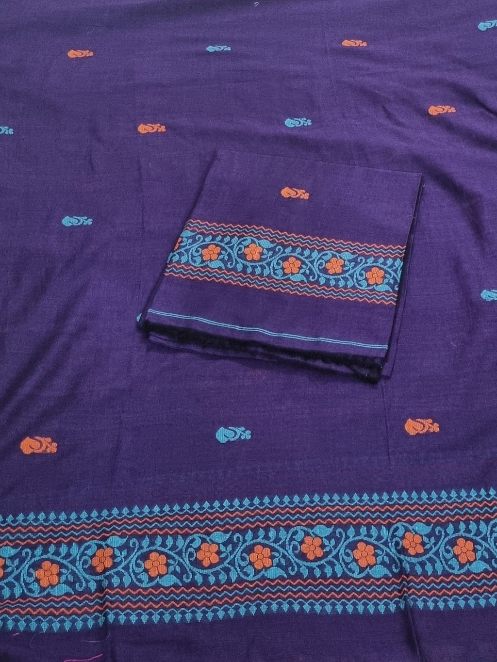 Handwoven Bengal Cotton Muslin Suit Fabric | Royal Purple & Orange Floral Bootis | 2-Pc Unstitched Set| Indian Handloom