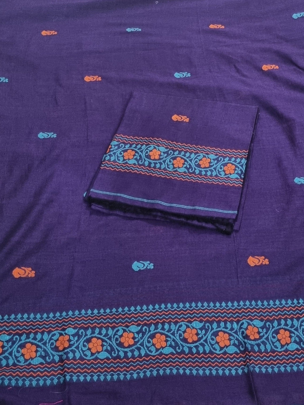 Handwoven Bengal Cotton Muslin Suit Fabric | Royal Purple & Orange Floral Bootis | 2-Pc Unstitched Set| Indian Handloom