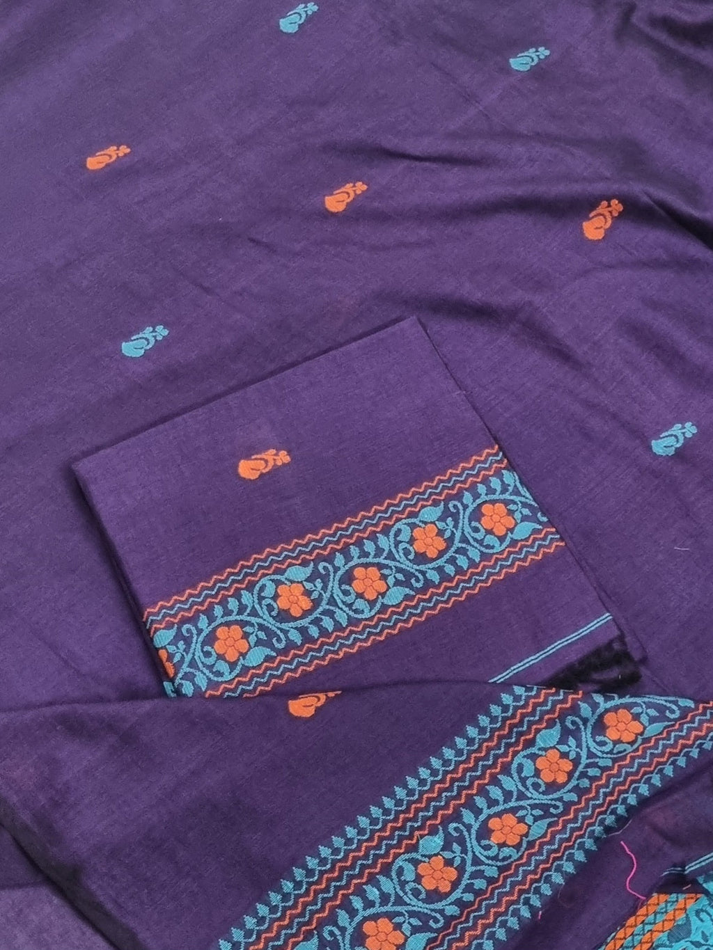 Handwoven Bengal Cotton Muslin Suit Fabric | Royal Purple & Orange Floral Bootis | 2-Pc Unstitched Set| Indian Handloom