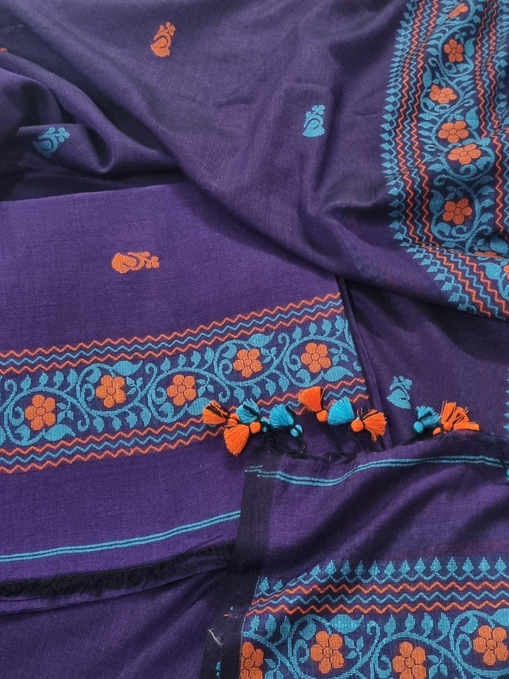 Handwoven Bengal Cotton Muslin Suit Fabric | Royal Purple & Orange Floral Bootis | 2-Pc Unstitched Set| Indian Handloom