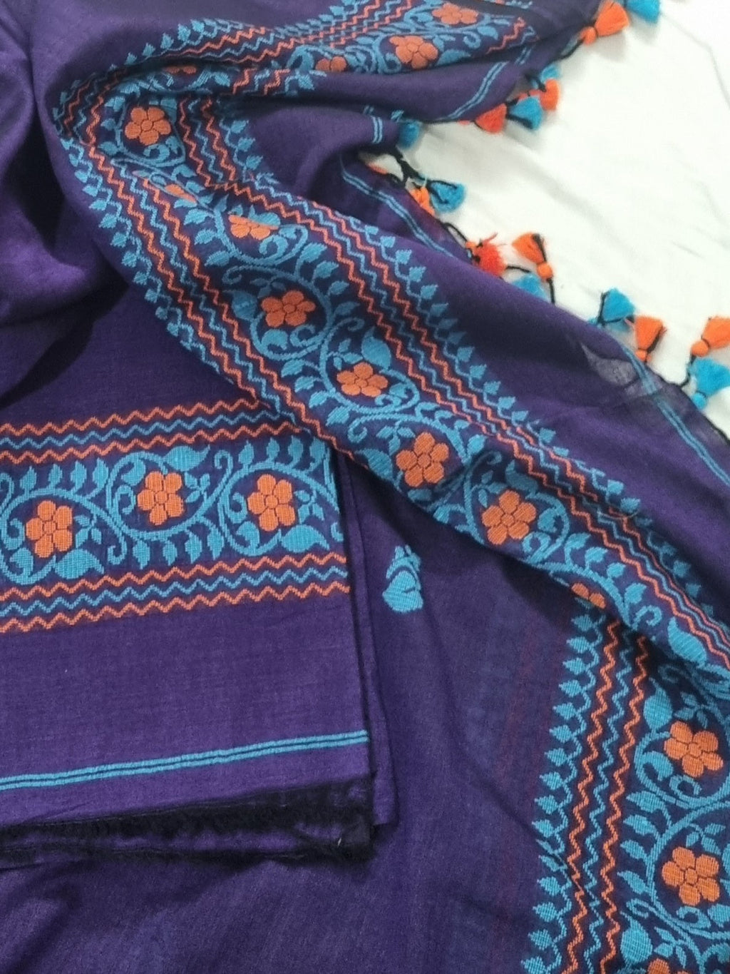 Handwoven Bengal Cotton Muslin Suit Fabric | Royal Purple & Orange Floral Bootis | 2-Pc Unstitched Set| Indian Handloom
