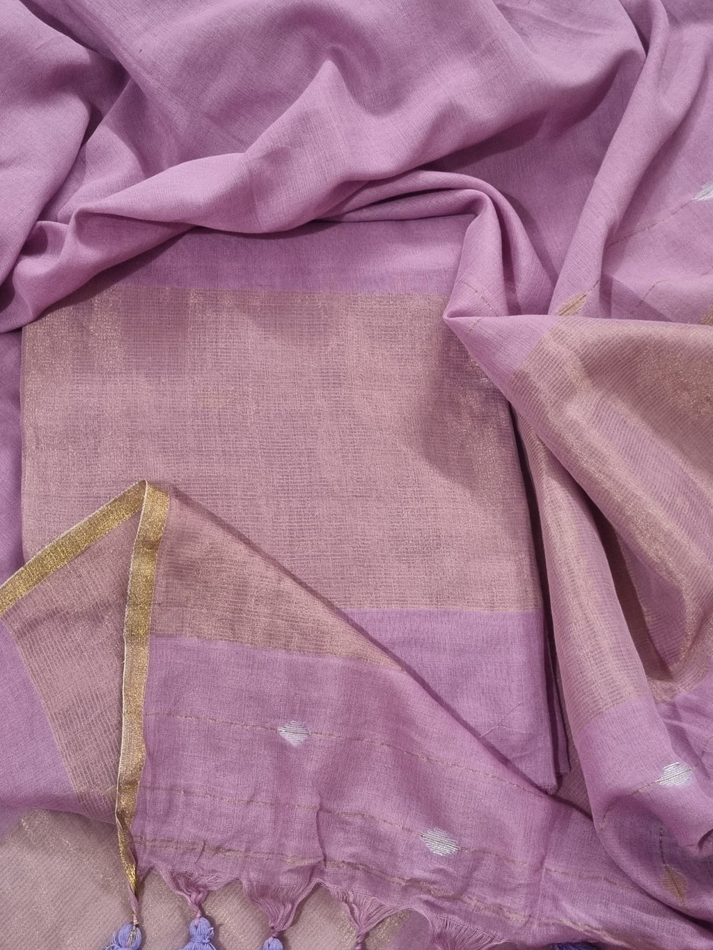 Handwoven Bengal Cotton Suit Fabric | Enchanted Lilac & Ganga-Jamuna Zari | 2-Pc Unstitched Set | Indian Handloom