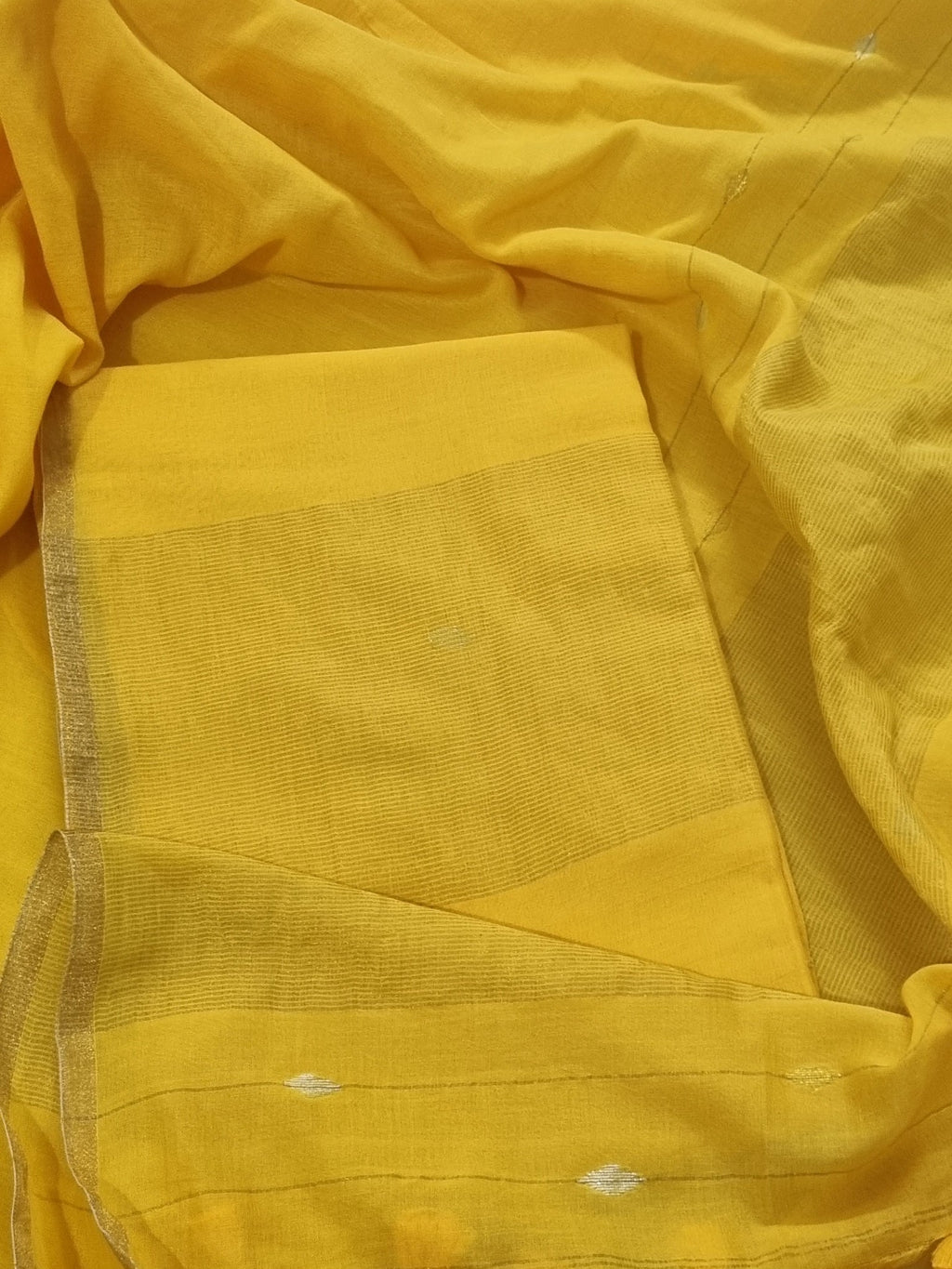 Handwoven Bengal Cotton Suit Fabric | Sunshine Yellow & Ganga-Jamuna Zari | 2-Pc Unstitched Set | Indian Handloom