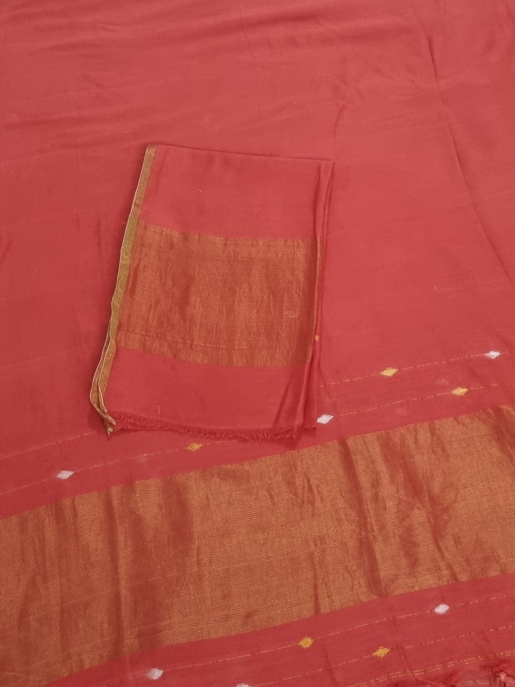 Handwoven Bengal Cotton Suit Fabric | Coral Rust & Ganga-Jamuna Zari | 2-Pc Unstitched Set | Indian Handloom