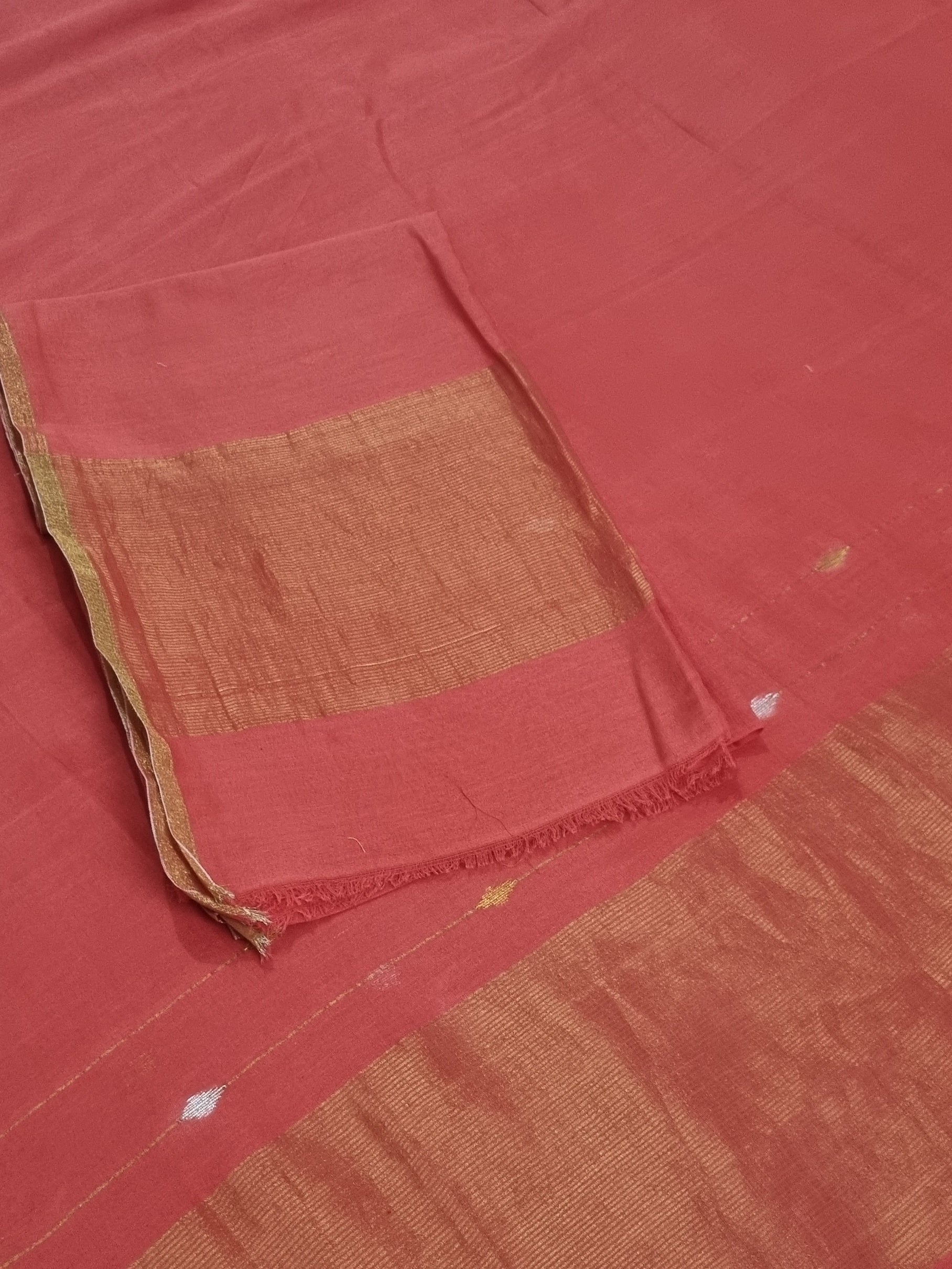 Handwoven Bengal Cotton Suit Fabric | Coral Rust & Ganga-Jamuna Zari | 2-Pc Unstitched Set | Indian Handloom