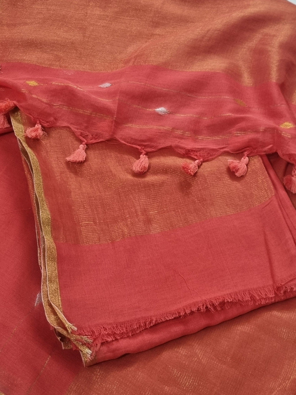 Handwoven Bengal Cotton Suit Fabric | Coral Rust & Ganga-Jamuna Zari | 2-Pc Unstitched Set | Indian Handloom