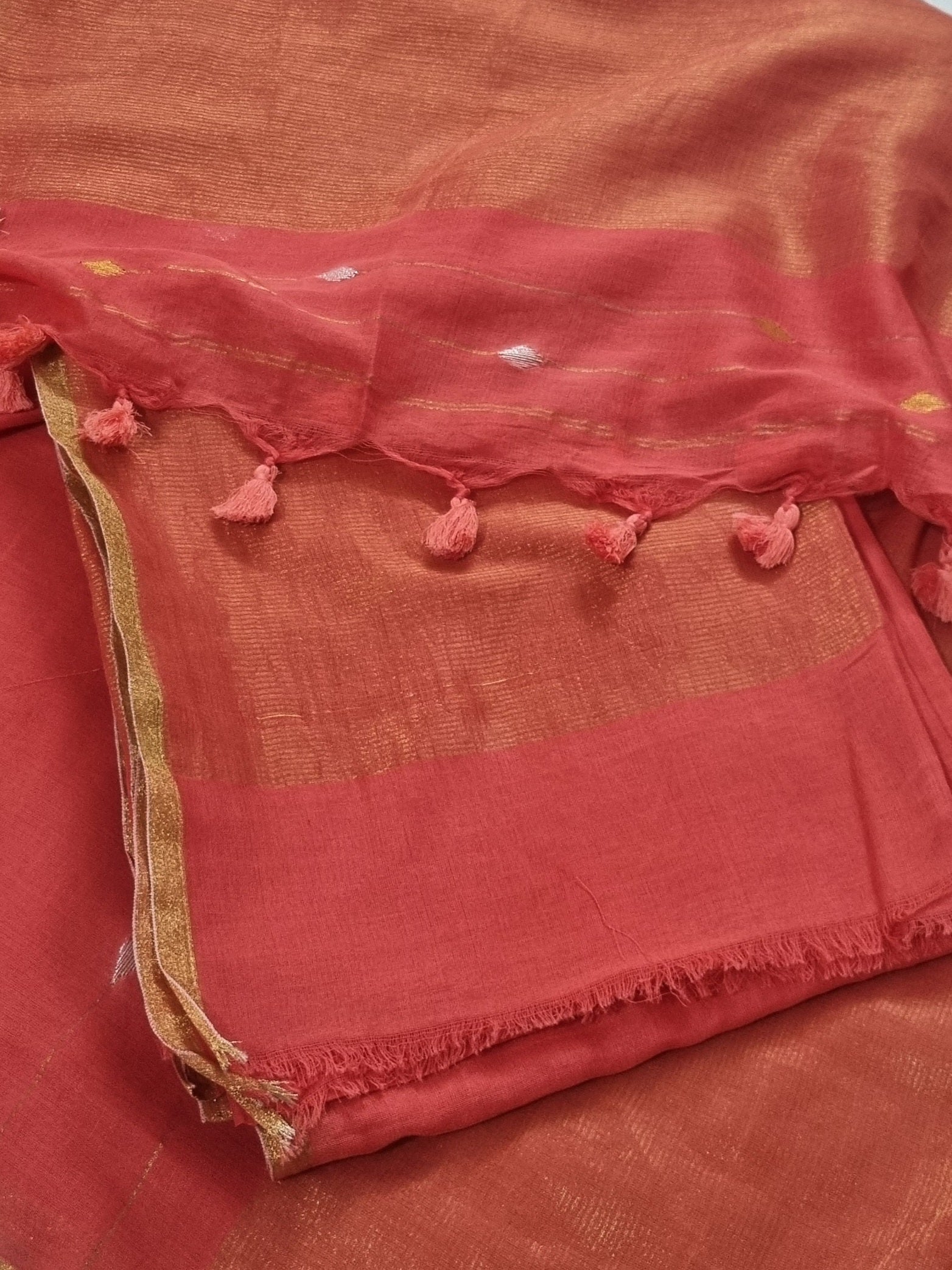 Handwoven Bengal Cotton Suit Fabric | Coral Rust & Ganga-Jamuna Zari | 2-Pc Unstitched Set | Indian Handloom