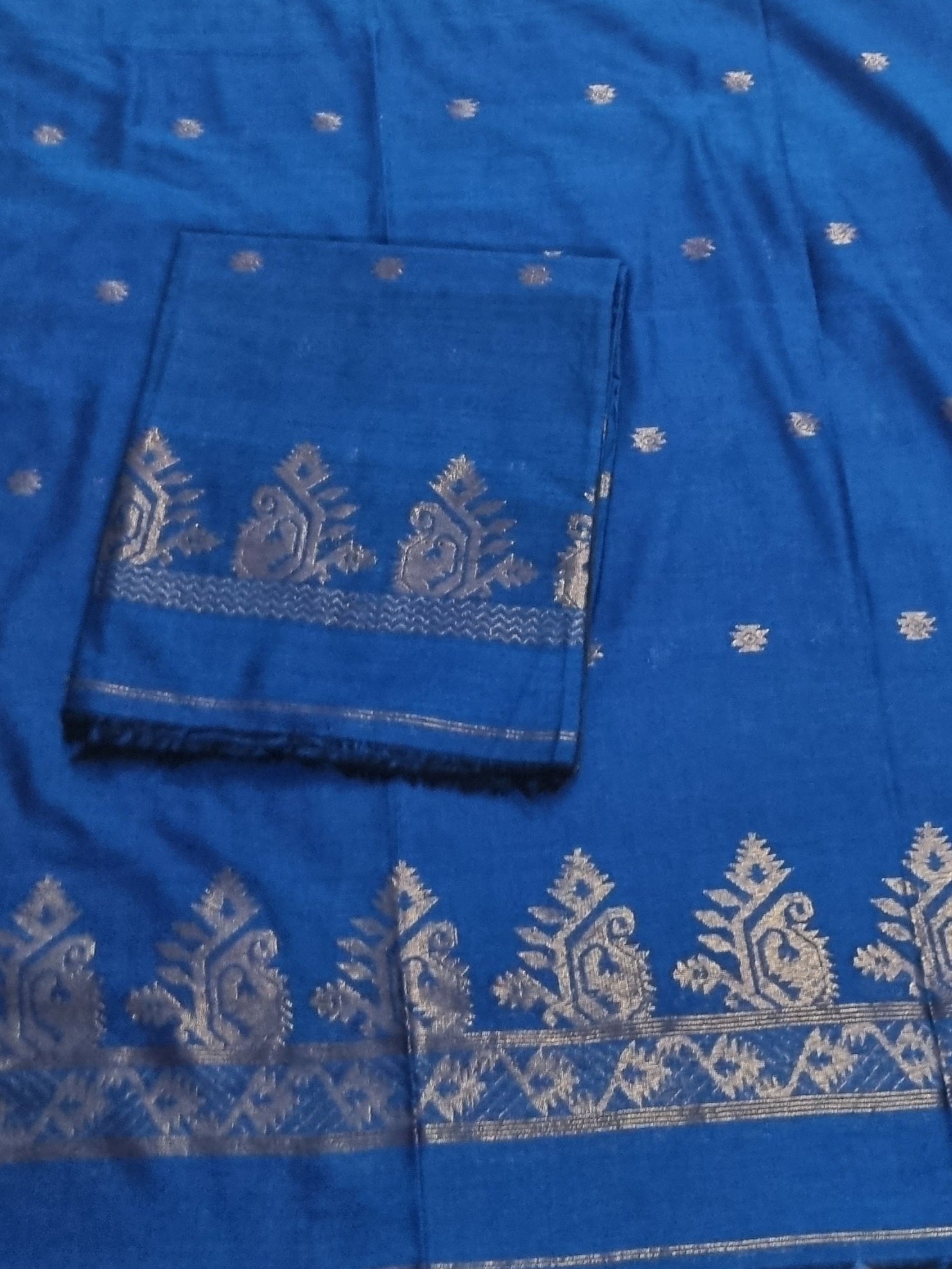 Handwoven Bengal Cotton Muslin Suit Fabric | Royal Blue & Gold Zari Bootis | 2-Pc Unstitched Set | Indian Handloom