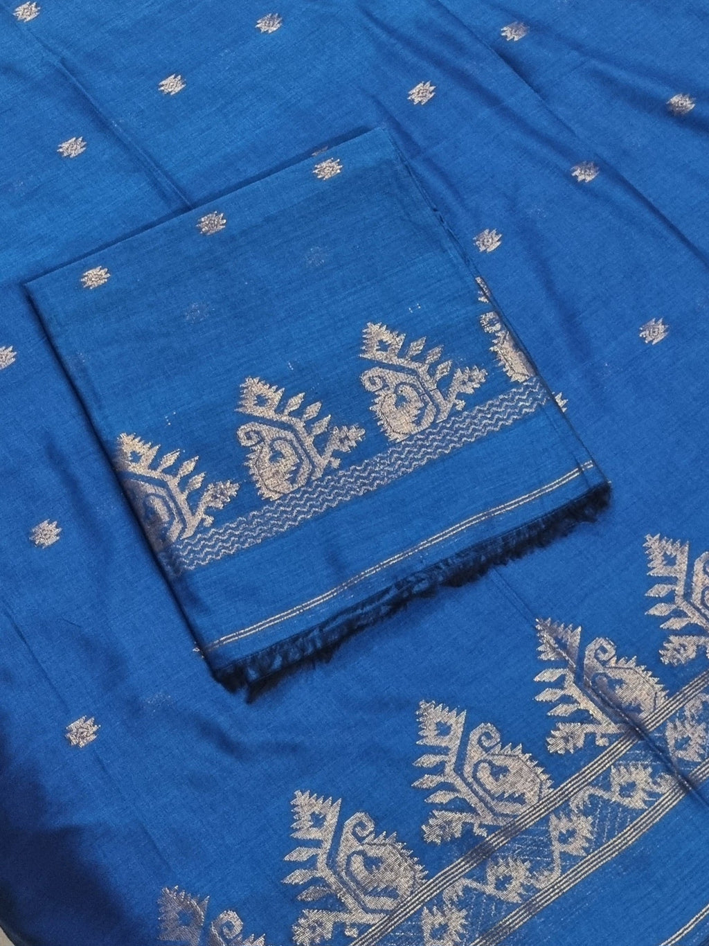 Handwoven Bengal Cotton Muslin Suit Fabric | Royal Blue & Gold Zari Bootis | 2-Pc Unstitched Set | Indian Handloom