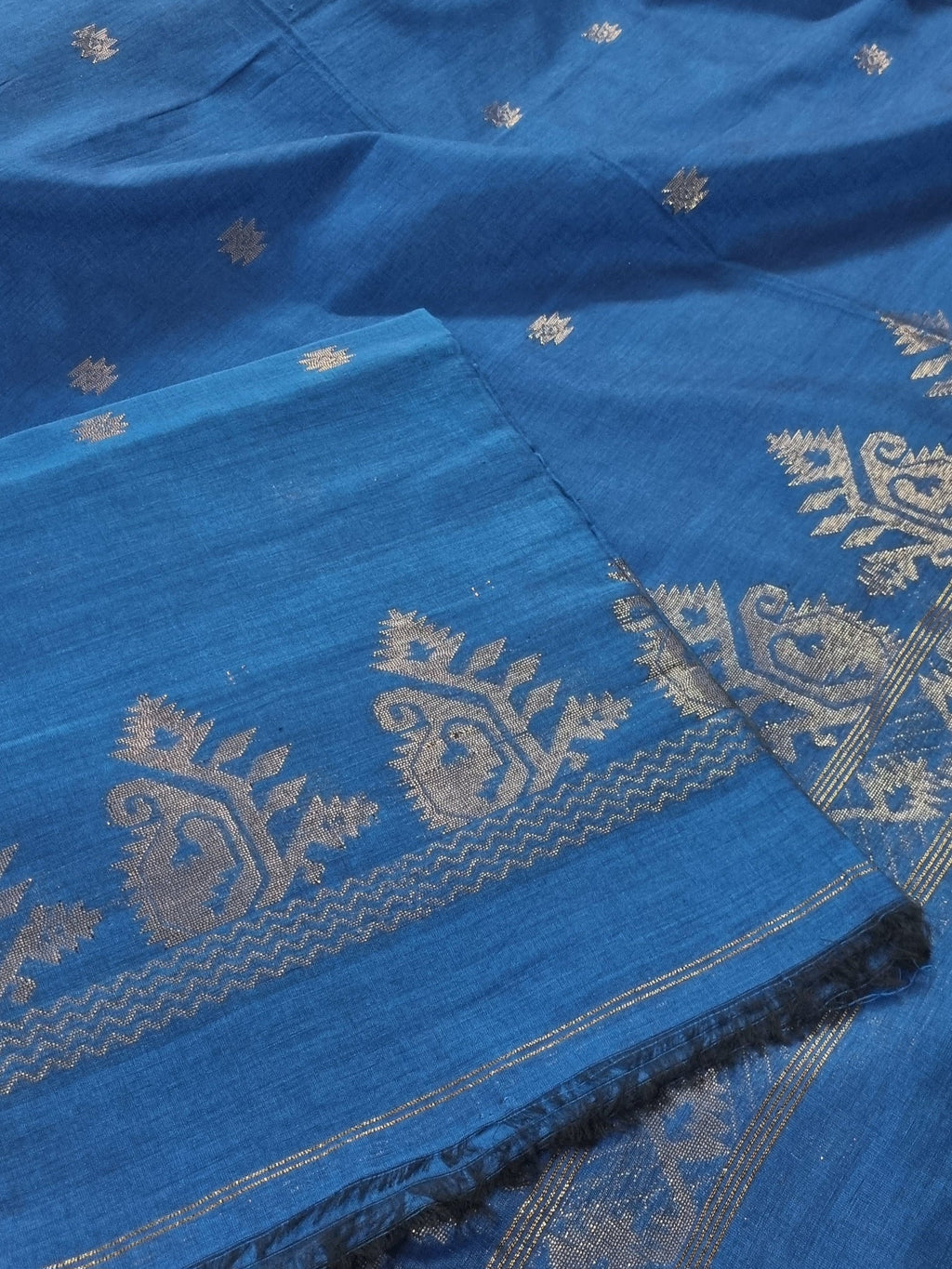 Handwoven Bengal Cotton Muslin Suit Fabric | Royal Blue & Gold Zari Bootis | 2-Pc Unstitched Set | Indian Handloom