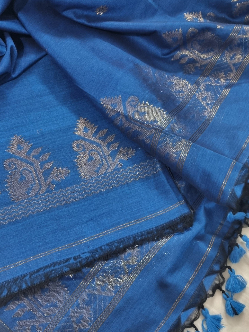 Handwoven Bengal Cotton Muslin Suit Fabric | Royal Blue & Gold Zari Bootis | 2-Pc Unstitched Set | Indian Handloom