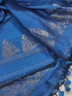 Handwoven Bengal Cotton Muslin Suit Fabric | Royal Blue & Gold Zari Bootis | 2-Pc Unstitched Set | Indian Handloom