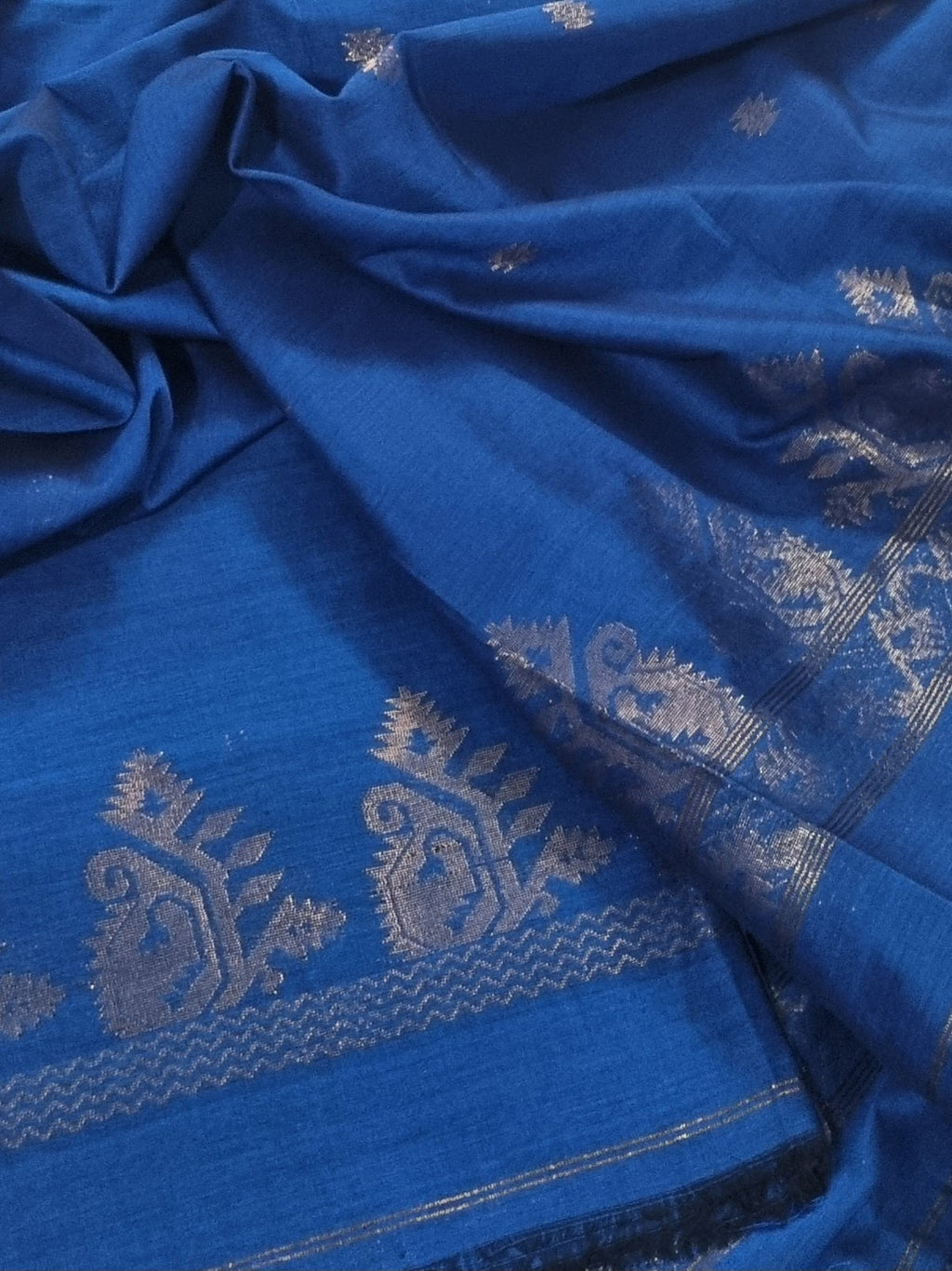 Handwoven Bengal Cotton Muslin Suit Fabric | Royal Blue & Gold Zari Bootis | 2-Pc Unstitched Set | Indian Handloom