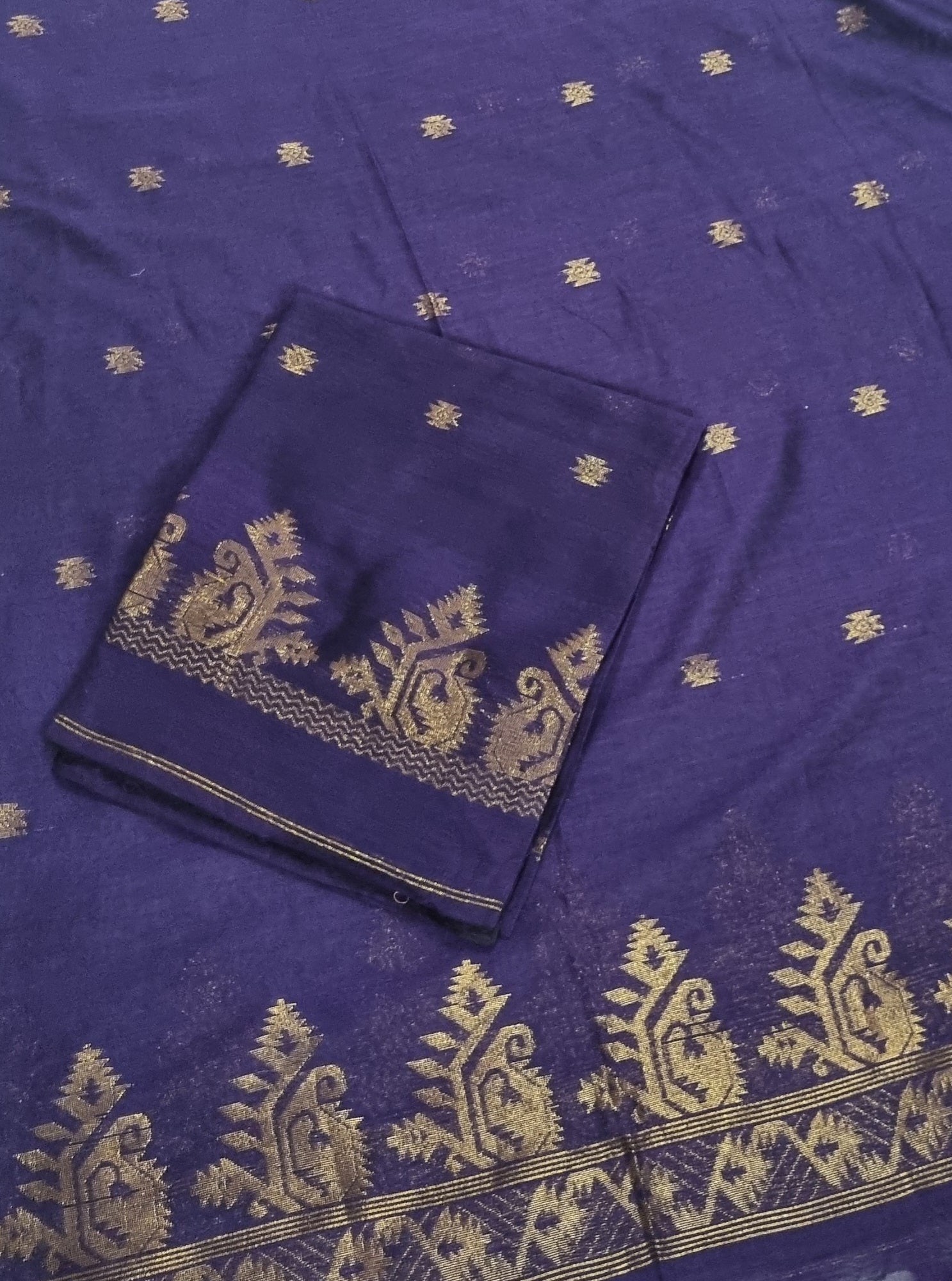 Handwoven Bengal Cotton Muslin Suit Fabric – Royal Purple with Gold Zari Bootis