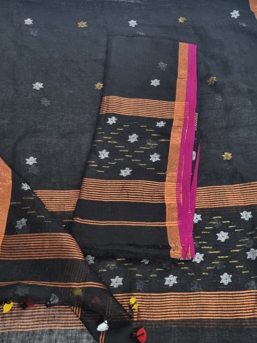 Midnight black Jamdani linen unstitched suit fabric – handwoven silver bronze star motifs detail