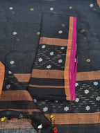 Midnight black Jamdani linen unstitched suit fabric – handwoven silver bronze star motifs detail