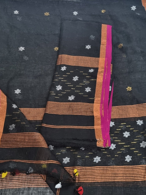 Midnight black Jamdani linen unstitched suit fabric – handwoven silver bronze star motifs detail