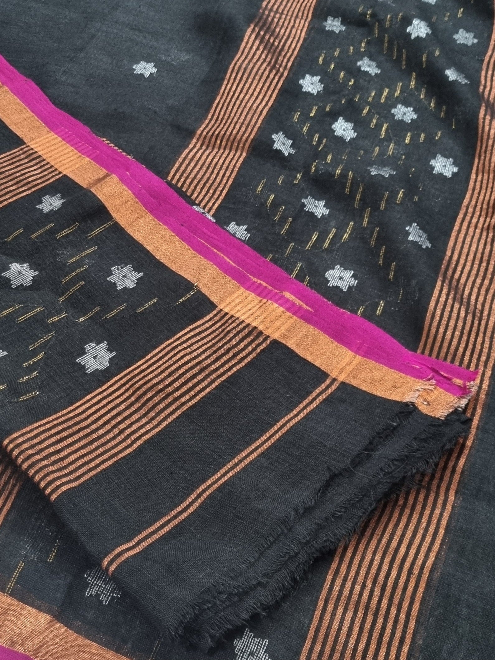 Indian handloom Jamdani 2-pc suit set in black – top and dupatta fabric with metallic star weave