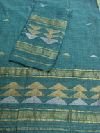 60 Lea linen unstitched suit material in teal green – close-up of inverted triangle motifs, pure Indian handloom
