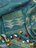 Teal green handloom linen suit fabric with geometric inverted triangle woven motifs – Kurta Dupatta set, unstitched