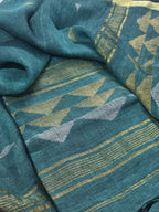Handwoven linen 2-piece suit fabric in teal green – inverted triangle woven pattern, unstitched Indian handloom set