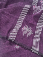 60 Lea linen unstitched suit material in deep purple – close-up of all-over woven motifs, pure Indian handloom