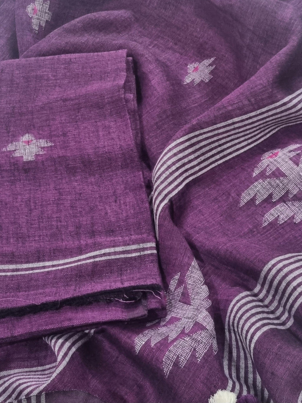 Deep purple 60 Lea linen Kurta Dupatta fabric – all-over woven motifs, handloom unstitched suit material