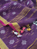 Deep purple Jamdani linen suit fabric – close-up of handwoven silver and gold star pattern